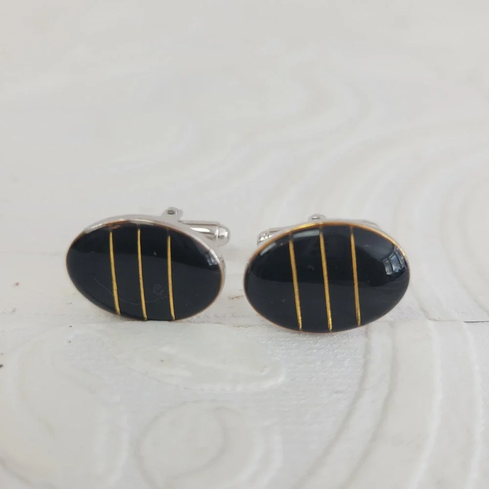 Vintage Black Enamel‎ Oval Cufflinks Gold Silver Tone Formal Onyx Style
